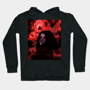 Beautiful girl with dark hair on dark red clouds background. Violet face, red eyes. Hoodie